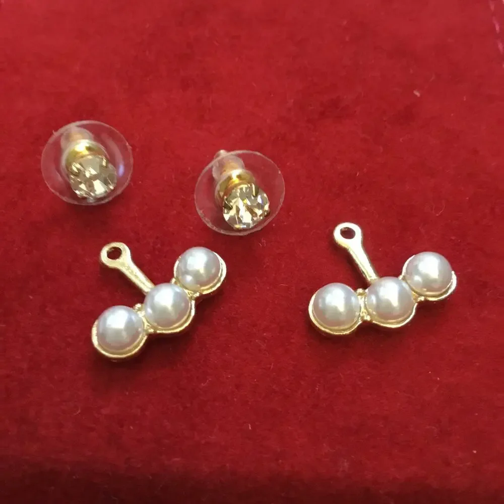 Front Back Gold Tripple Pearl Faux Diamond Stud Earrings